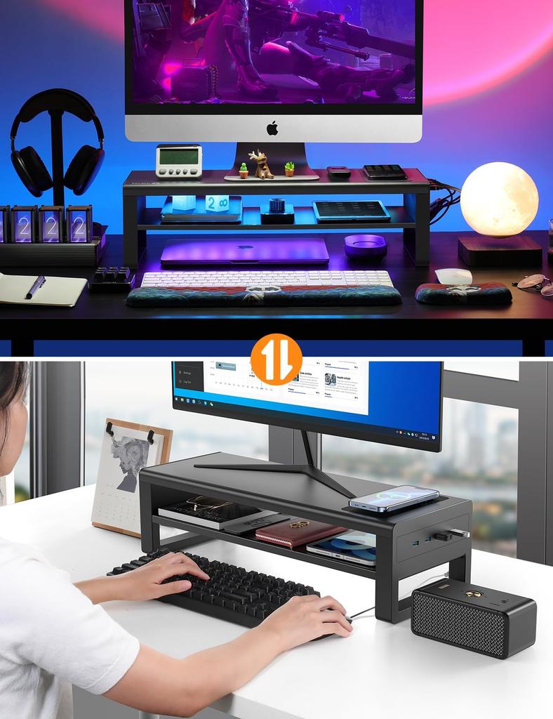 STARSIKI Monitor USB Data Computer Metal Desktop Stand for or Two Computers Stand, 2-Tier, 3.0 Transfer, Stand, Charging, Monitors, PCs, Laptops,