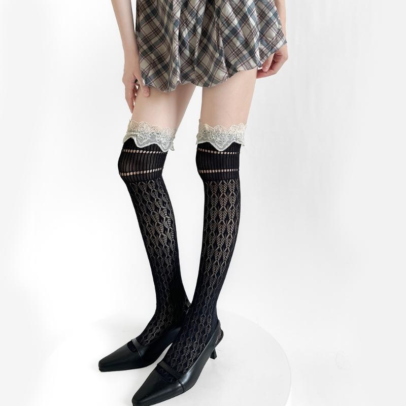 Women Nylon Stretch Thigh High Stockings With Lace Trim and Mesh Detailing Hollowout Over the Knee Socks for Daily Use