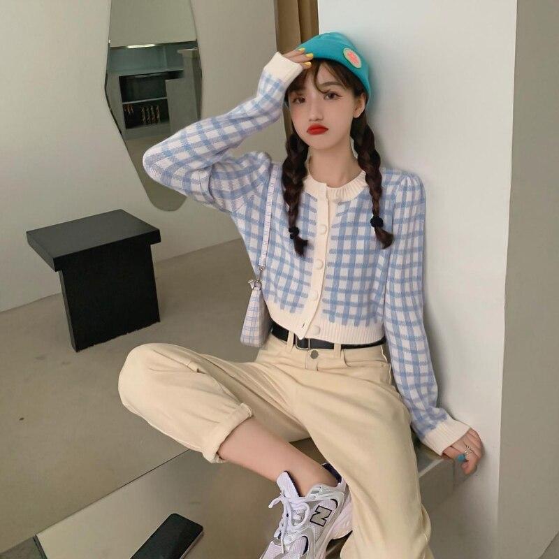 Kardiganový svetr kostkovaný jarní a podzimní francouzský jemný krátký pletený svetr s kulatým výstřihem 2023 ležérní svetr dámský