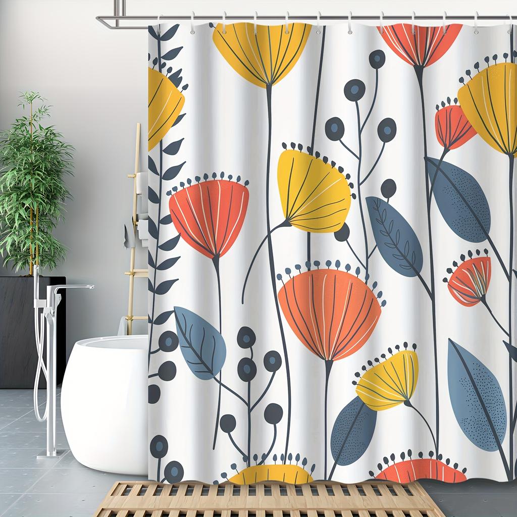 1pc Boldly colored floral shower curtain, made of polyester, machine washable, with hooks, suitable for bathroom décor.