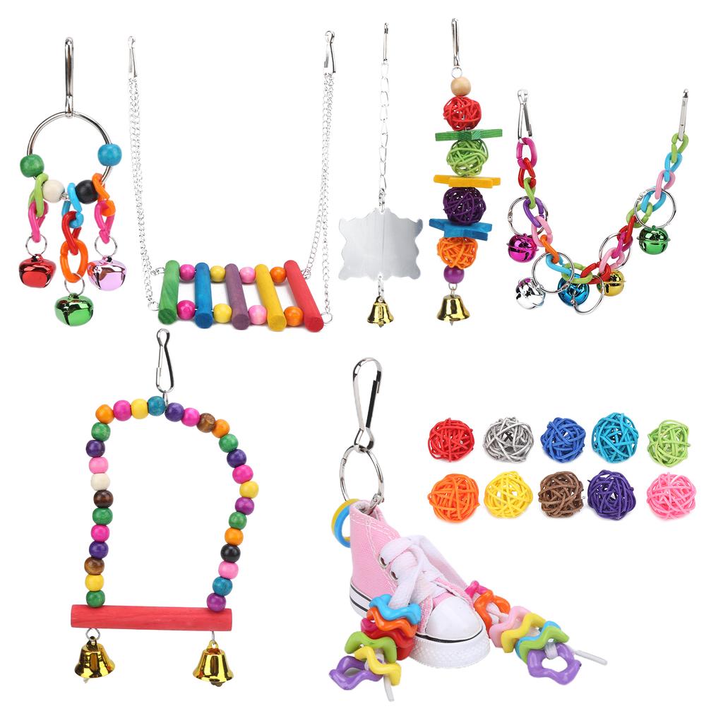 17 Packs Bird Toys Sepak Takraw Hanging Chain Swing Bell String Set for Small and Medium Parrots
