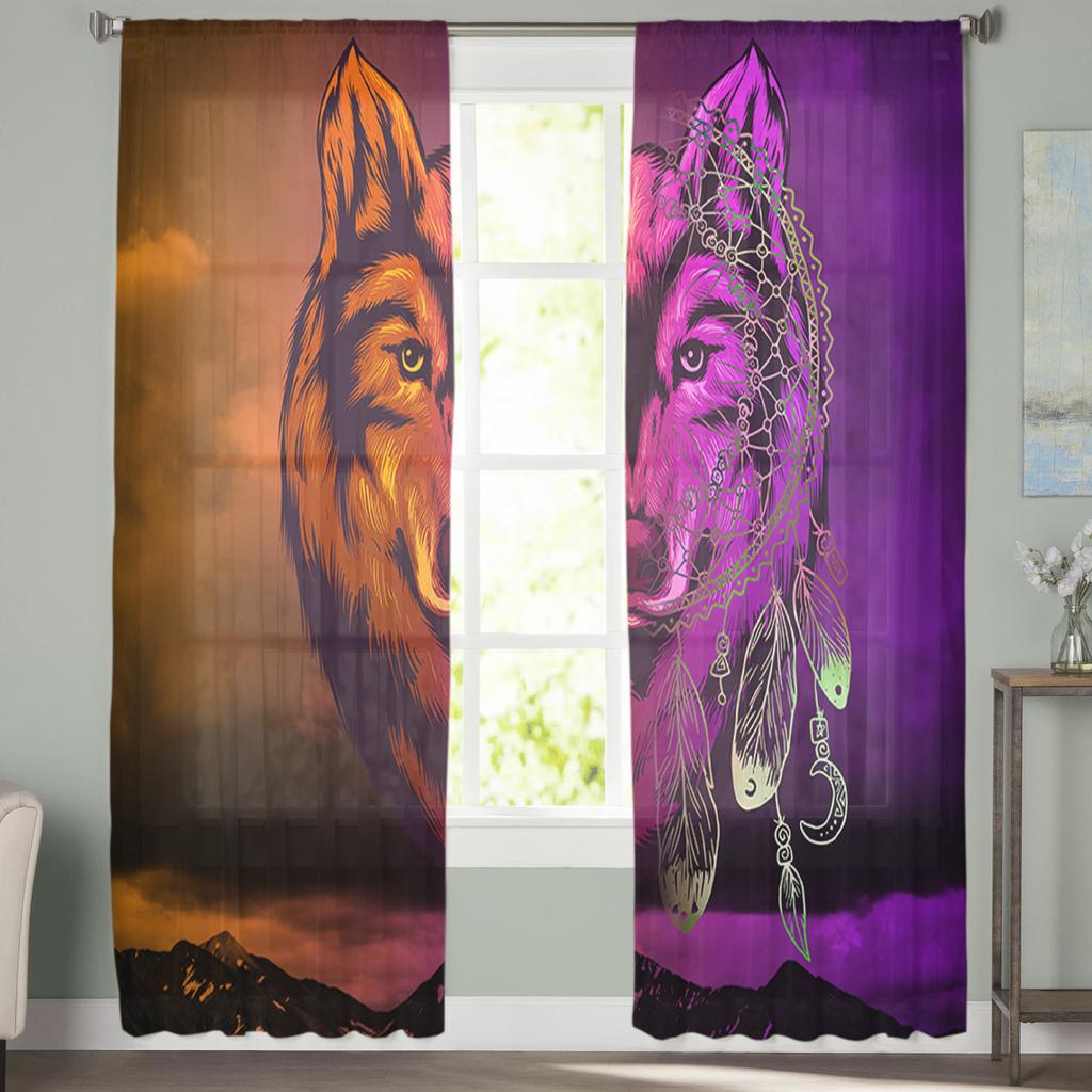 Gradient Wolf Dream Catcher Chiffon Sheer Curtains for Living Room Bedroom Home Decoration Window Voile Tulle Curtain Drapes