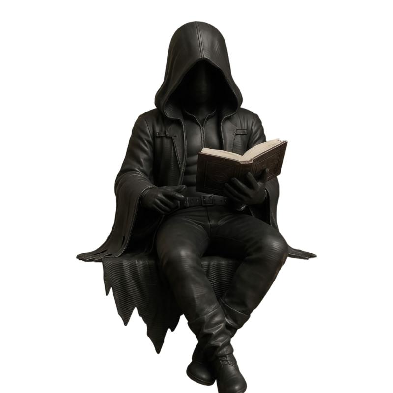 Open Book Reading Figurine Resin Shelf Sitter for Bookshelf Display, Dark Fantasy Statue for Desk Placement and Library Use