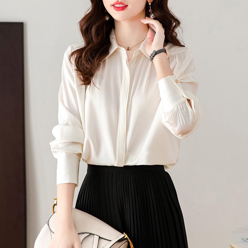 

Весна и Осень Новая Шелковая Рубашка с Длинным Рукавом Женская Темперамент Однотонная Рубашка из Шелка Тутового Дерева Топ Тренд 2XL белый