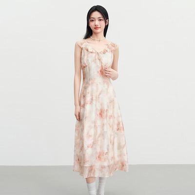 Ledian Tie-dye Pink Floral V-neck Ruffle Hem Long Dress