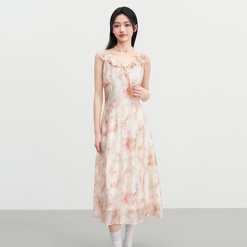 

Ledian Tie-Dye Pink Floral Ruffled V-Neck Flowy Dress L