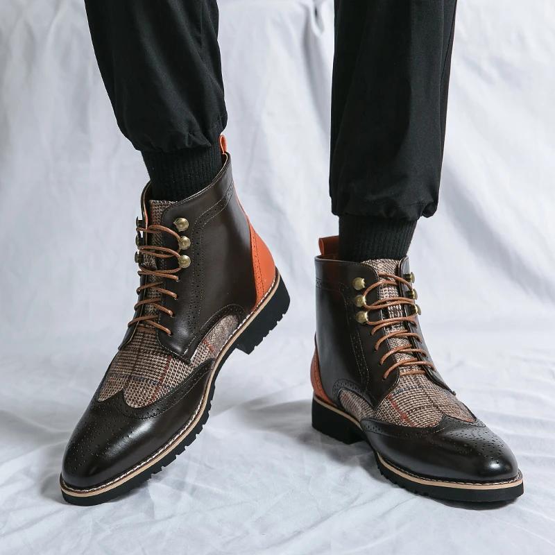 Ankle Boots for Men Brown Business Round Toe Lace-up Pu Mens Boots Size 38-46 Men Shoes