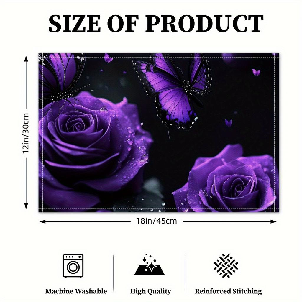 4pcs Square Placemats Purple roses, butterflies,Dark, romantic themed Durable Table Decoration Mats with Coffee Table Pad and Bowl Plate Mat Functions