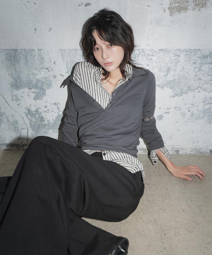 Mosan Collared Button Long-Sleeve T-Shirt (Charcoal)