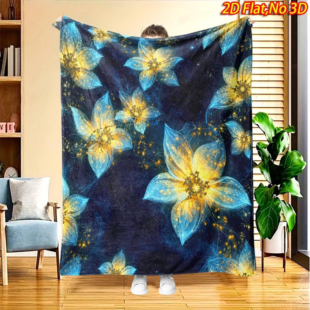 1pc 2D Flat Printing Spring And Summer New Arrival Dreamy Blue Golden Floral Theme Digital Print Blanket, All-Season Use, Casual Throw, 100% Polyester