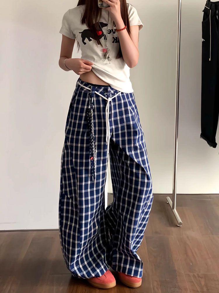 2026 Summer Women's Plaid Patchwork Scalloped Pants