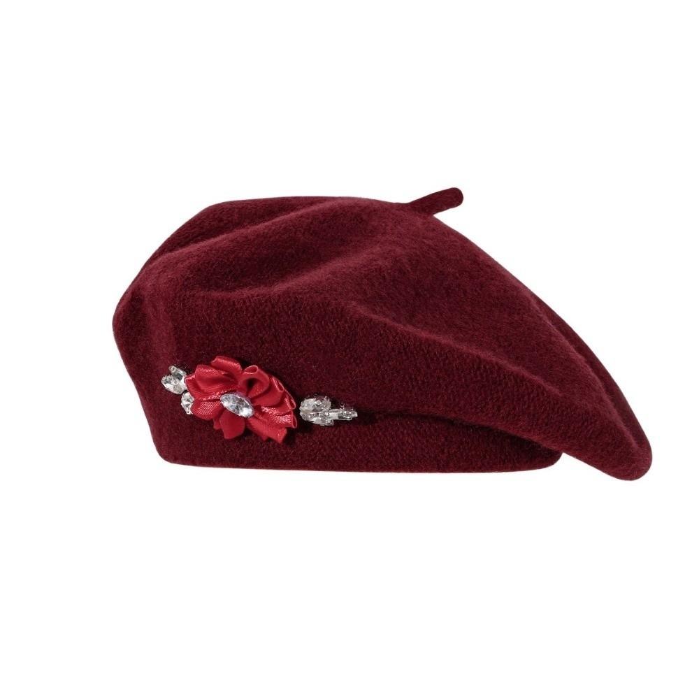 Einfarbige französische Malerhaube Florales Strass-Barett Mode Wollbarett für Damen
