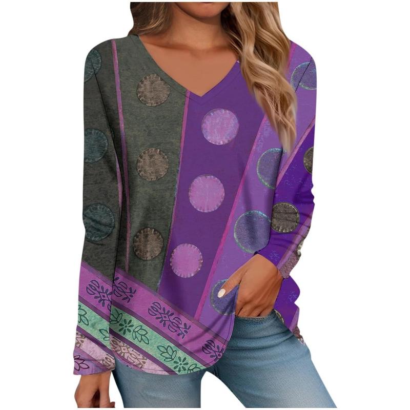 Women's V-neck Long-sleeved T-shirt Personalized Street Abstract Print Loose Women's Top