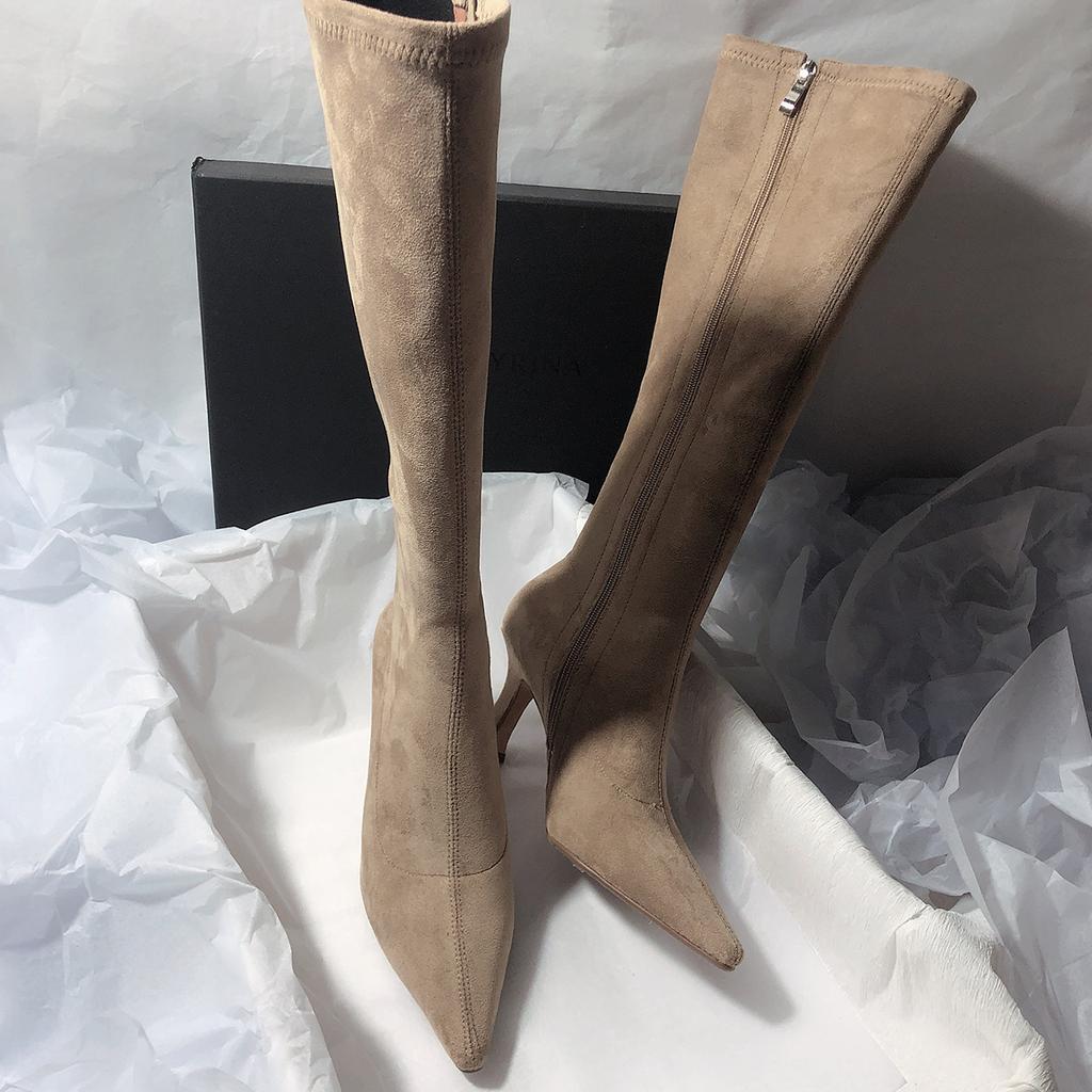Korean version of simple boots but knee elastic boots frosted side zipper pointed high heel boots