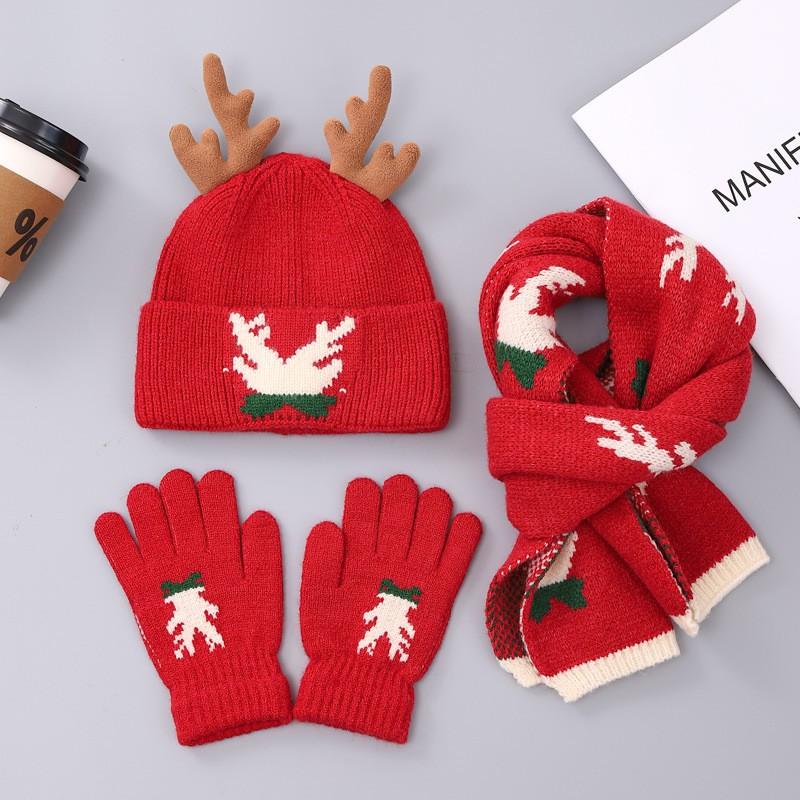 Parent-child Christmas Style Scarf Hat Gloves Set Thick Warm Acrylic Winter Cute Cartoon Elk