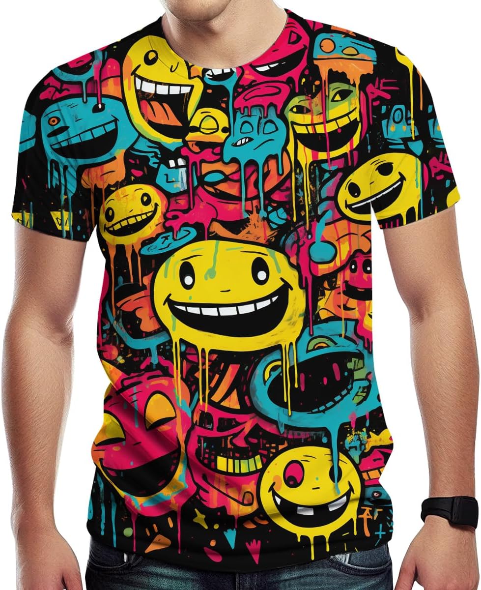 

Funny Graffiti Graphic T-Shirts for Men 3D Print Smile Face Tshirt Hip-Hop Tee Top XXS