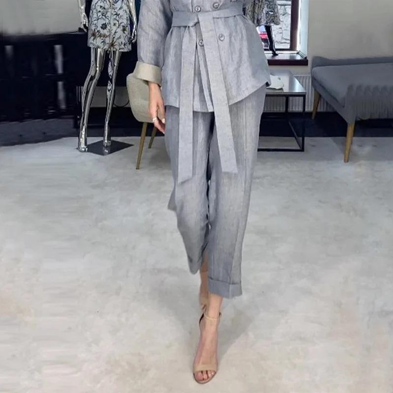 2023 Autumn European-American Fashion Polo Collar Tie-Waist Commuter Pants Set