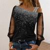 Women Spring Fall Top One Shoulder Oblique Neck Shiny Sequin See-through Mesh Long Sleeve Patchwork Loose Soft Casual Elegant Commute T-shirt Blouse