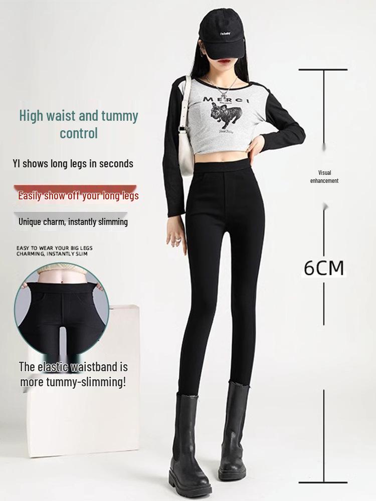 Black High-Waisted Fleece-Lined Skinny Leggings for Women - Warm, Elastic, Ideal for Autumn/Winter Wear, Tight-Fitting Pencil Pants