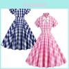 Rochie Vintage Barbie Roz cu Pătrățele și Guler cu Fundă Fluture