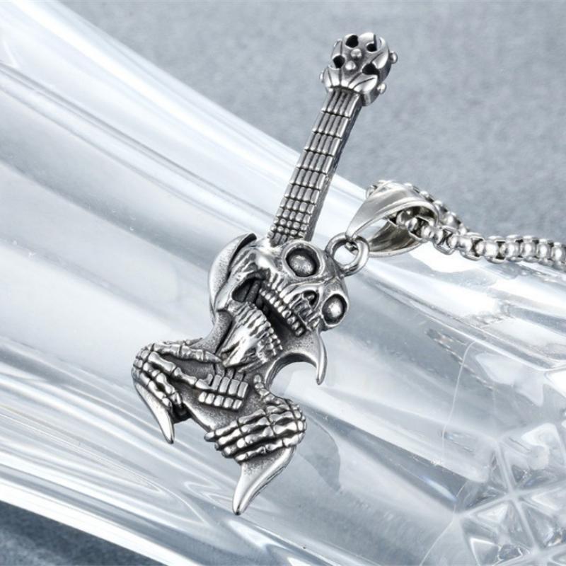 Nouveau Collier Crâne Ethnique Guitare Horreur Rétro Moto Pendentif pour Hommes et Femmes
