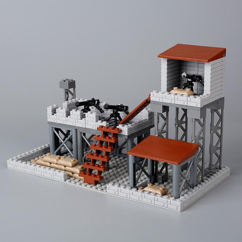 Military Base Construction Sentry Lookout Tower Humanoid Standing Guard Scene Small Particles Mosaic Building Block