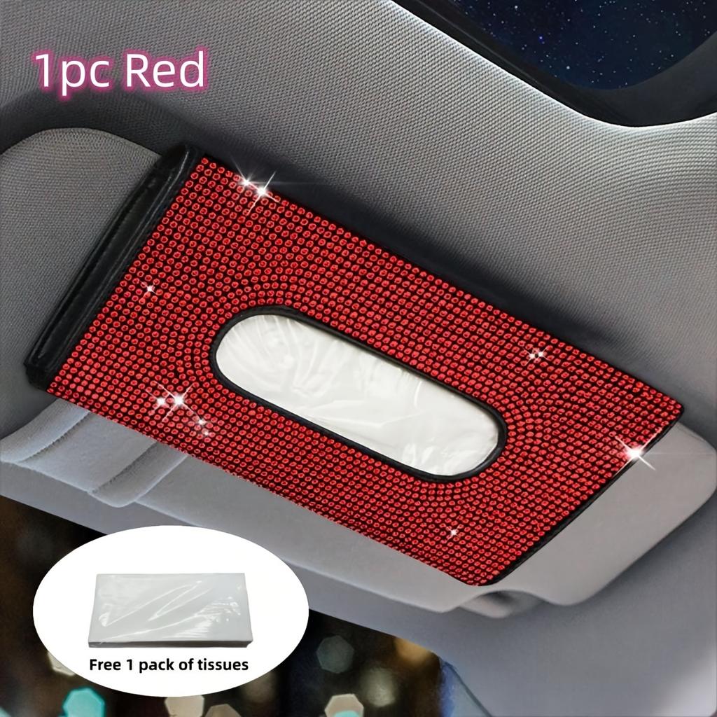 1pc Car Tissue Box, Car Sun Visor Tissue Storage Box, Glitter Rhinestone Tissue Bag, PU Leather Artificial Crystal Tissue Box