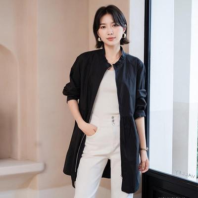 YUNyun Women's Mid-Length Stand Collar Trench Coat - Autumn Casual Loose Petite Jacket