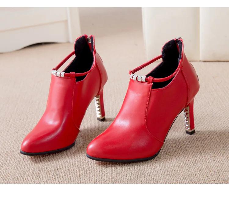 

Женские элегантные ботильоны с острым носком, осенне-зимняя мода, красные, с пряжкой-ремнем, из искусственной кожи, короткие ботинки, женские туфли на тонком каблуке для вечеринки 35
