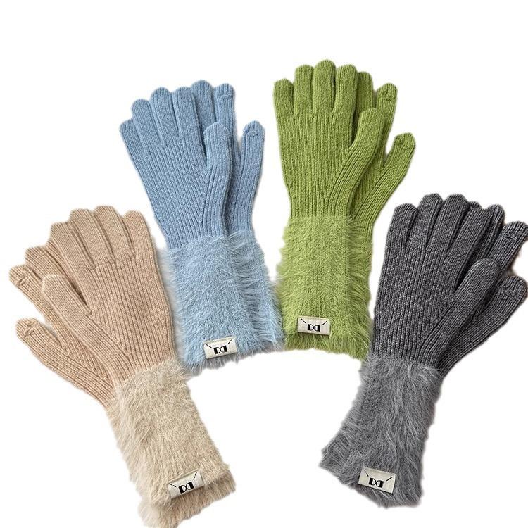 Dopamine Solid Color Warm Five Finger Gloves Versatile Knitted Cute Student Women Sweet Long Cycling Sleeves