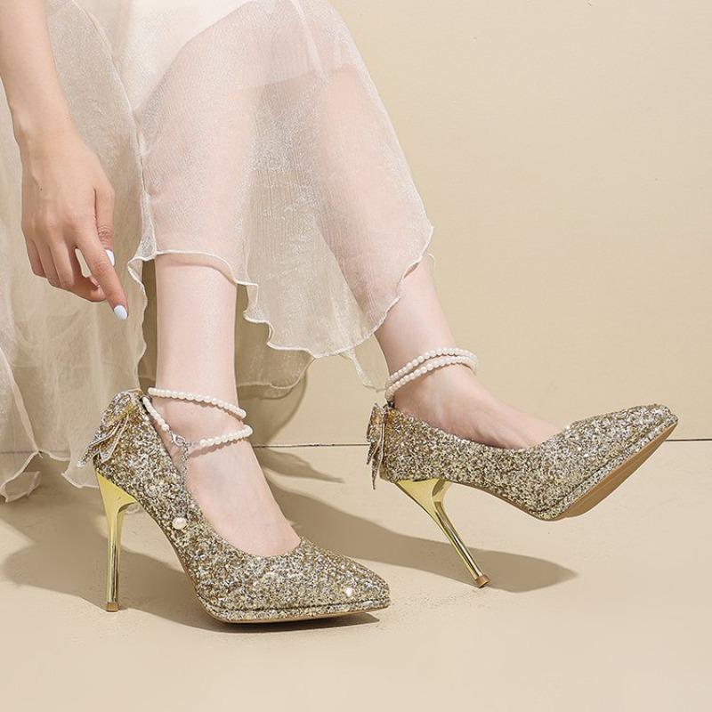 2026 Autumn Women Luxury Shoes Pointed Toe Platform Pumps Crystal Rhinestone Bow High Heels Party Wedding Shoes