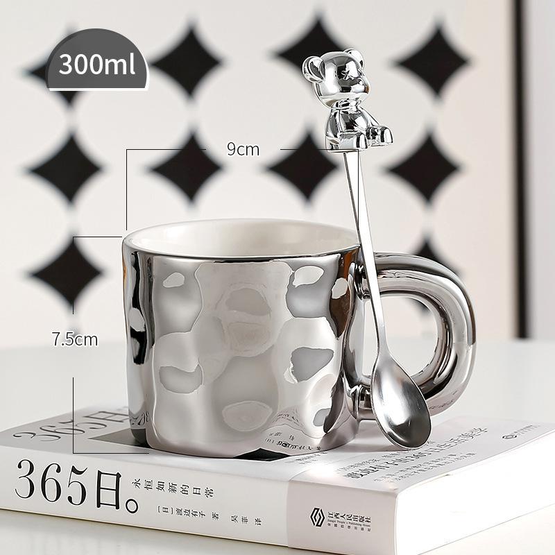 Легкая роскошная высококачественная керамическая чашка с ложкой, гальванизированная кружка с медведем, высококачественная дизайнерская чашка, экспортная кофейная чашка 300ml