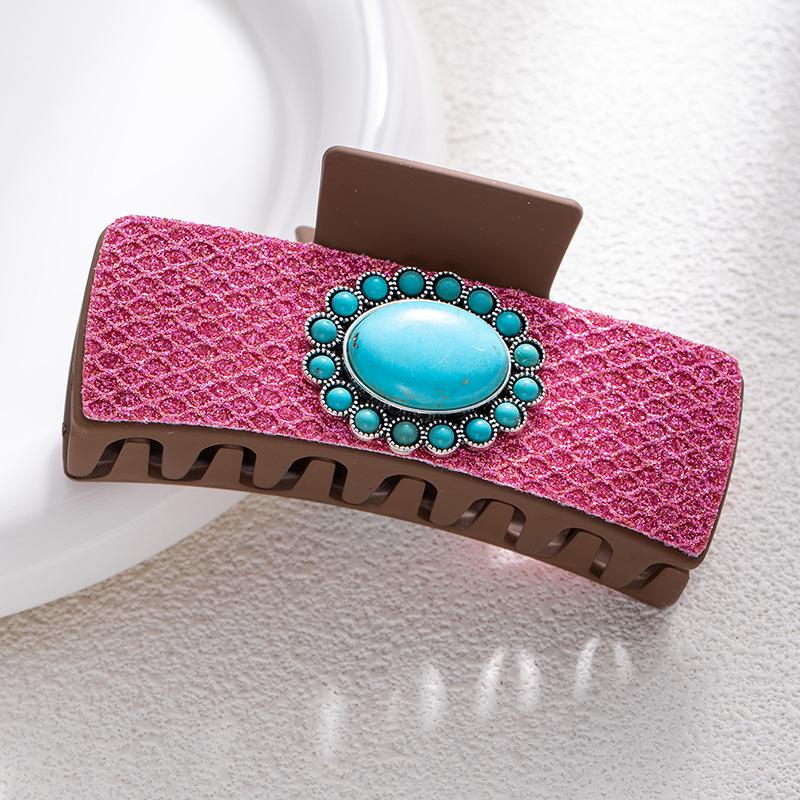 Bohemian Ethnic Style Turquoise Grab Clip Western Style Hairpin Retro Leopard Print Sequined Leather Fashion Disc Hairpin