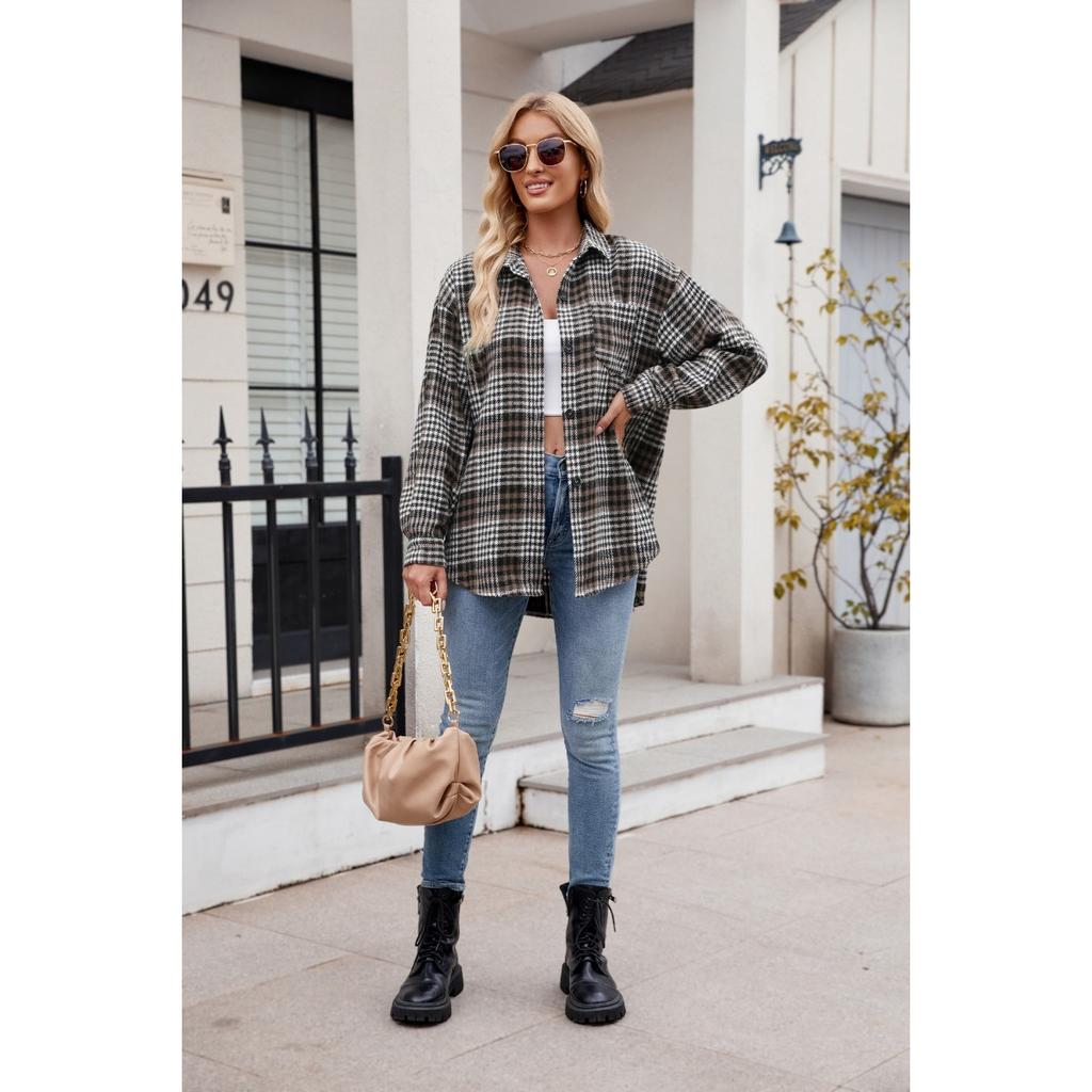 Women's Clothing, Thousand Bird Plaid, Buttons, Flannel, Woolen Shirt