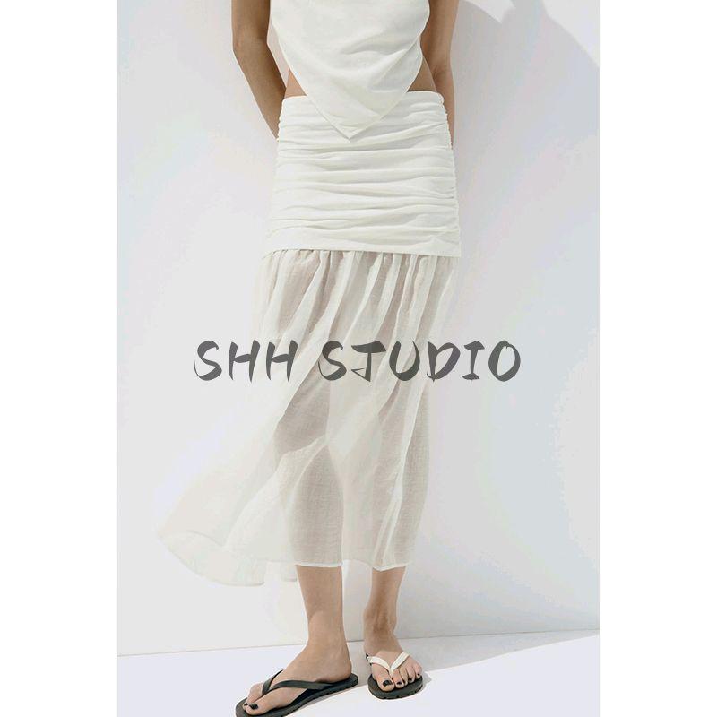 Summer New Product Women's Clothes Minimalist Linen Blend Ruched Decoration Patchwork Mid Waist Midi Dress 4661441