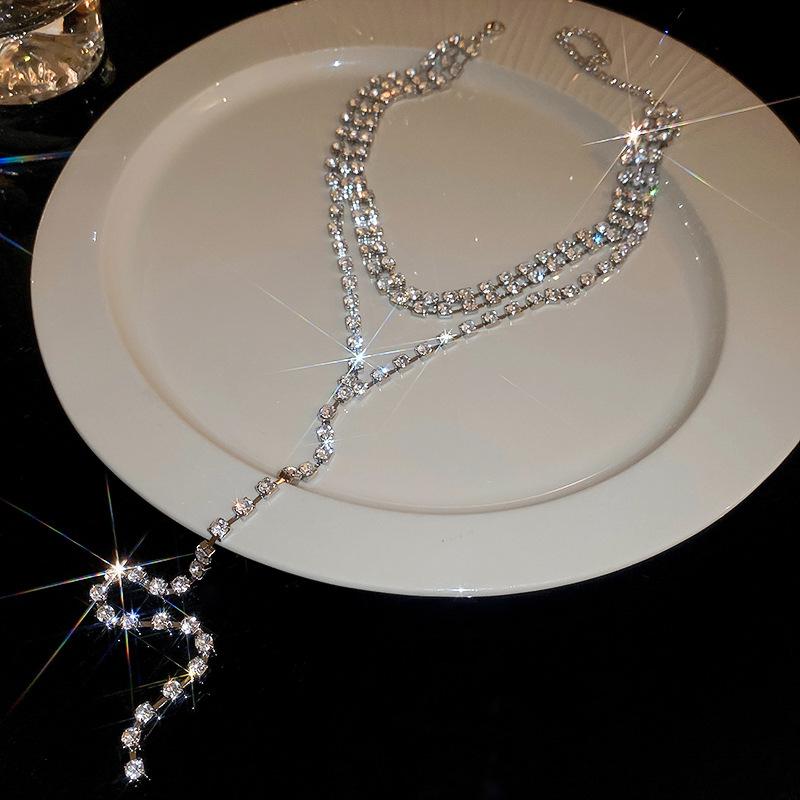 Exaggerated multi-layer stacked diamond-encrusted fringed neck chain niche sweater collarbone necklace
