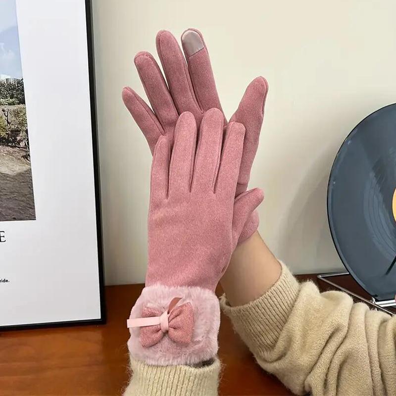 Women's Velvet Outdoor Cycling Bow Warm Gloves Windproof and Cold-proof Touch Screen Gloves