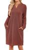 New Arrival Loose V-Neck Pocket Long Sleeve Lounge Dress Casual Knit Cotton Comfortable House Dress Long Nightgown