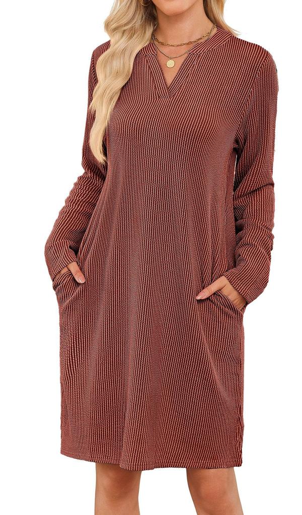 New Arrival Loose V-Neck Pocket Long Sleeve Lounge Dress Casual Knit Cotton Comfortable House Dress Long Nightgown