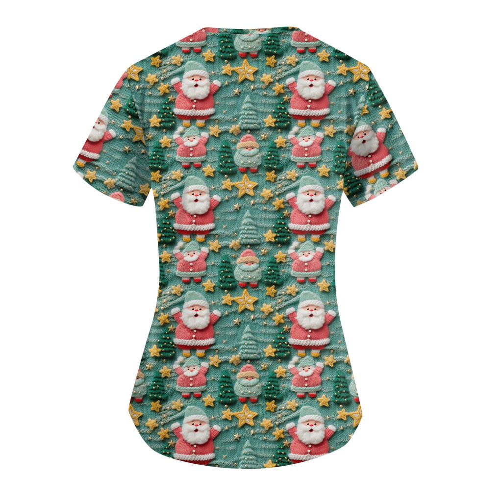 Women's Fashion Casual Christmas Print Pocket T-shirt Top