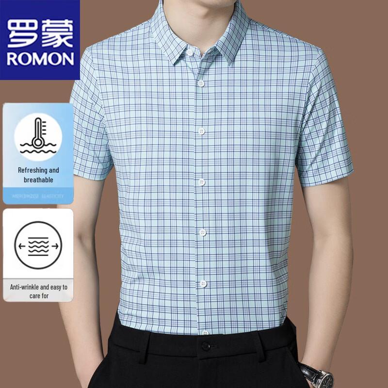 

ROMON Men s Summer Casual Business Wrinkle-Free Ice Silk Plaid Short-Sleeve Shirt XXXL