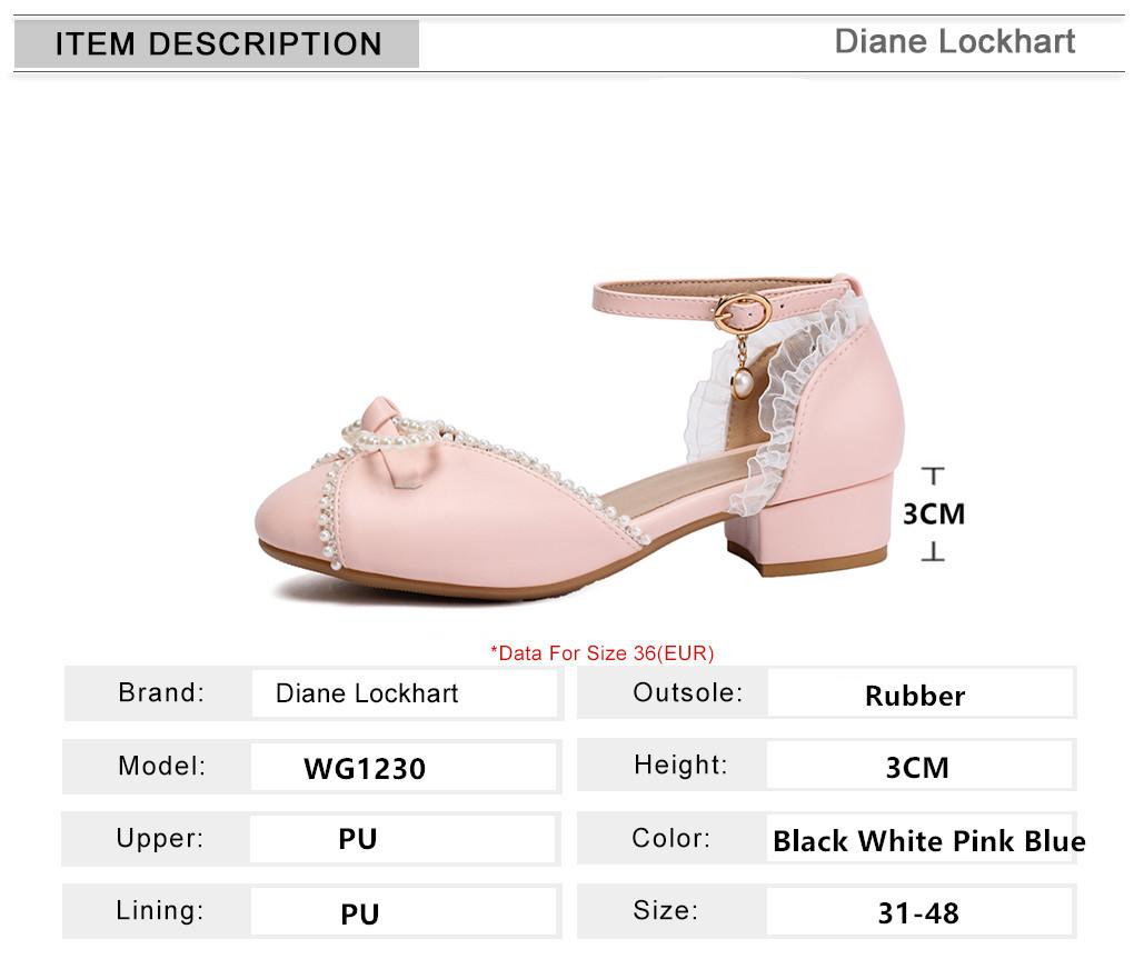 Fashion Spring Autumn Women Low Heels Mary Jane Pumps Party Wedding White Pink Beige String Bead Bow Princess Cosplay Lolita Shoes 31-48