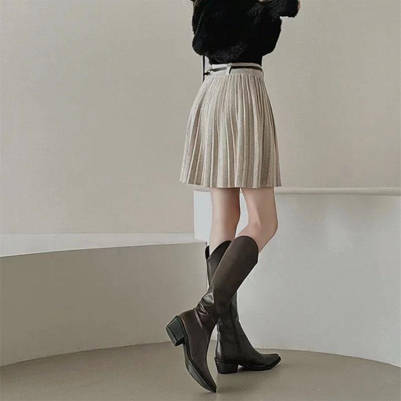 Autumn Winter Knitted Pleated Skirts Women Korean Fashion High Waist A-Line Skirts Ladies Elegant Streetwear Gray Skirt