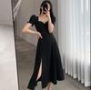 Kleid, Damen Langer Rock, Sommer Puffärmel, Eckiger Ausschnitt, Hepburn-Stil Französisch Süß Retro A-Linien Schlitzrock