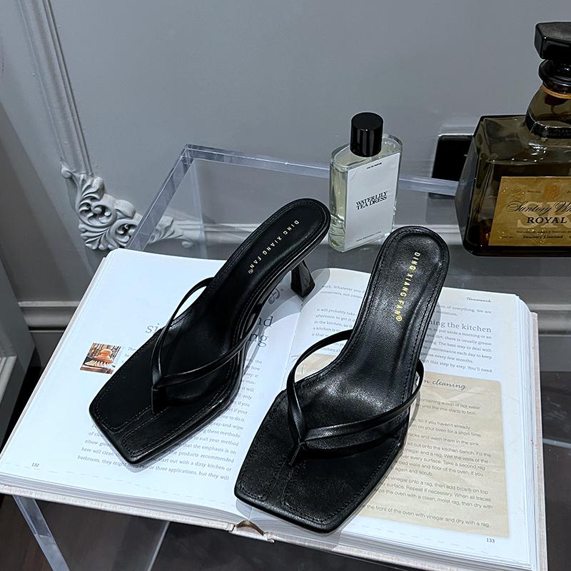

Fashion SUOJIALUN 2025 Summer Thin High Heel Women Slipper Fashion Narrow Band Slip On Ladies Flip Flop Outdoor Dress Sandal Slides Shoe 35 чёрный