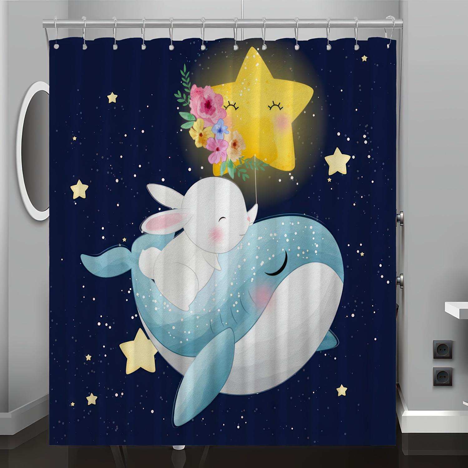 

Whale Rabbit Cartoon Print Shower Curtain Season Knit Fabric, Design With Star Flower Accents,Ideal For Bathroom Decor Curtain W60H190(CM)-1 Pcs