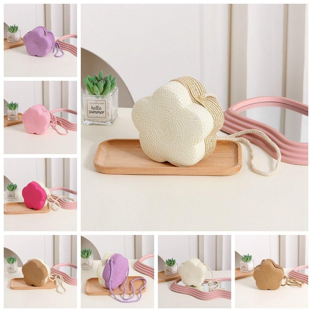 Kawaii Straw Small Shoulder Bag Flower Shape Woven Crossbody Bag Fairy Beach Straw Bag  Summer