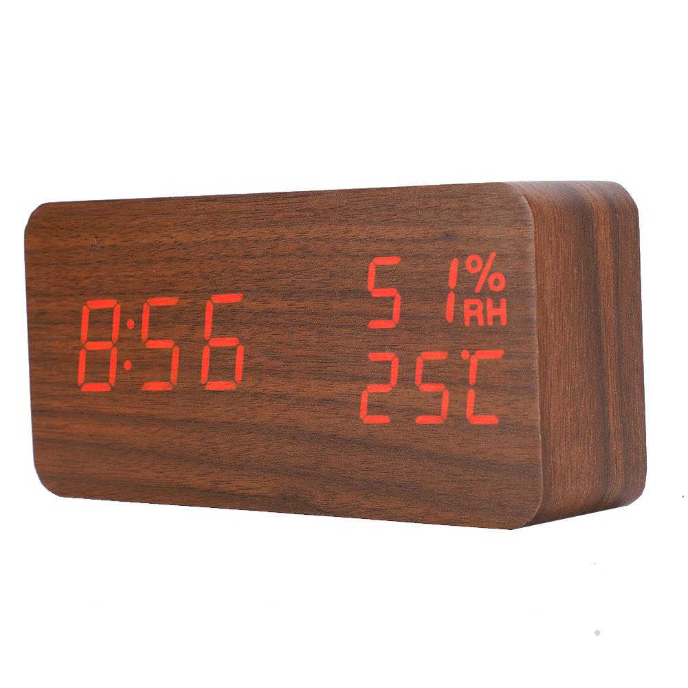 Wooden Alarm Clock LED Voice Control Desk Rectangular Brown Wood Red Light Digital Clock