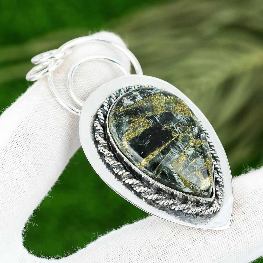 Friendship Day Deal Copper Seraphinite Gemstone Sterling Silver Bezel Pendant