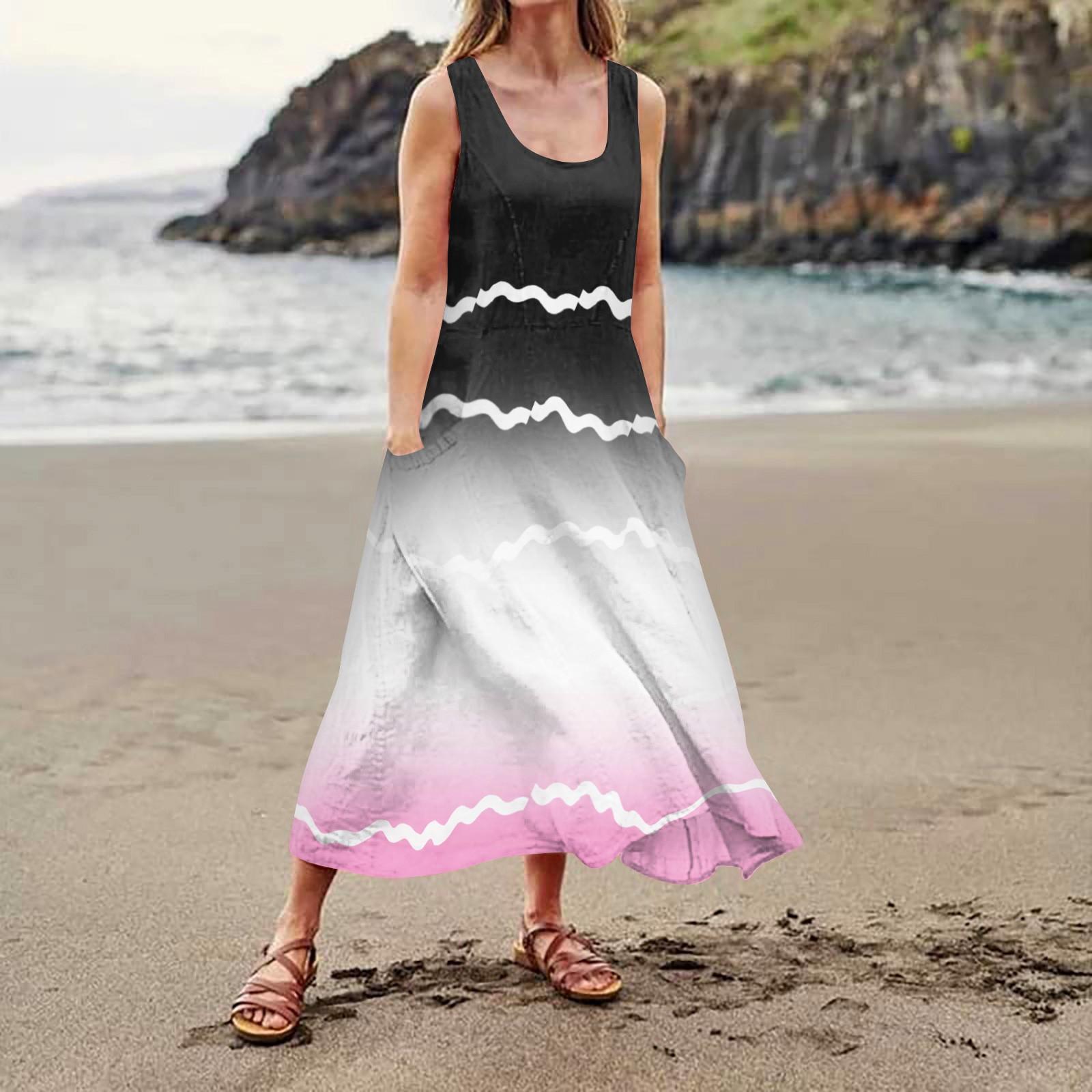 Женское летнее повседневное модное платье в полоску с принтом без рукавов и круглым — фото 6